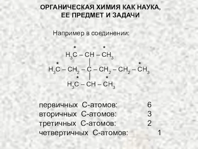 ОРГАНИЧЕСКАЯ ХИМИЯ КАК НАУКА, ЕЕ ПРЕДМЕТ И ЗАДАЧИ Например в соединении: