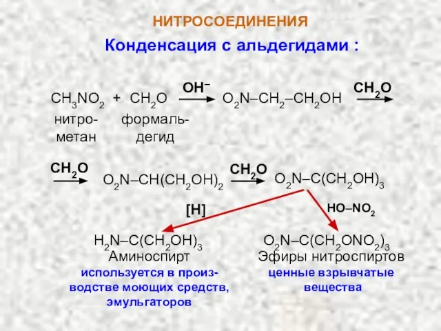 НИТРОСОЕДИНЕНИЯ Конденсация с альдегидами : CH3NO2 + CH2O O2N–CH2–CH2OH CH2O нитро-метан