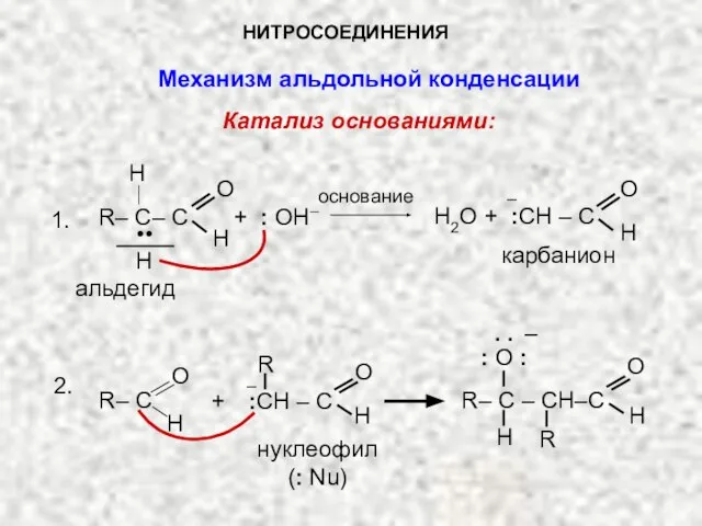 НИТРОСОЕДИНЕНИЯ Механизм альдольной конденсации Катализ основаниями: основание R– C– C O