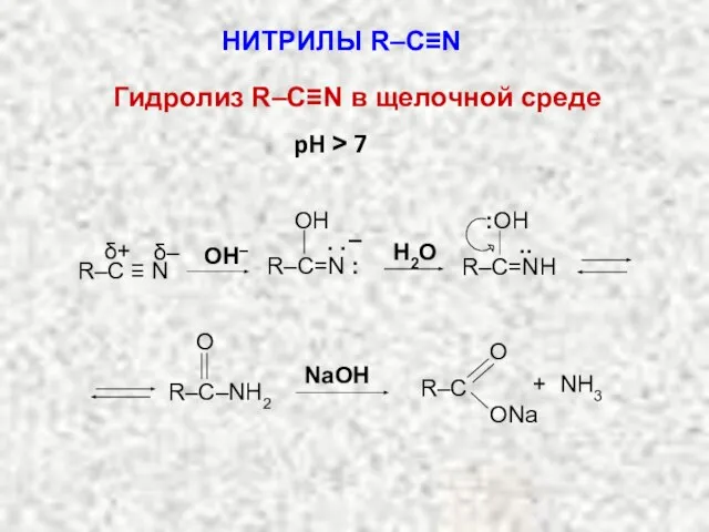 НИТРИЛЫ R–C≡N Гидролиз R–C≡N в щелочной среде R–C=N : OH .