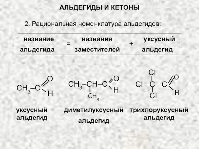 АЛЬДЕГИДЫ И КЕТОНЫ 2. Рациональная номенклатура альдегидов: = название названия уксусный