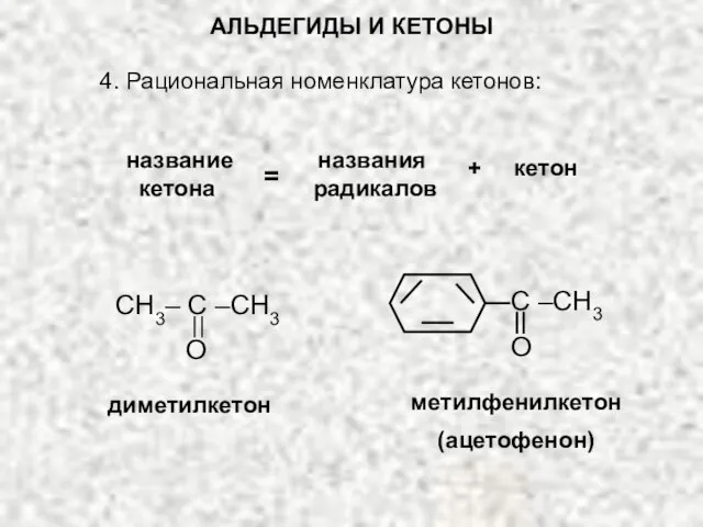 АЛЬДЕГИДЫ И КЕТОНЫ 4. Рациональная номенклатура кетонов: название названия кетона радикалов