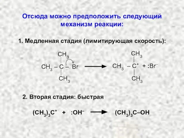 (СН3)3С+ + :ОН– (СН3)3С–ОН 2. Вторая стадия: быстрая Отсюда можно предположить