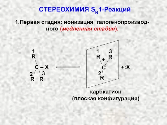 СТЕРЕОХИМИЯ SN1-Реакций 1.Первая стадия: ионизация галогенопроизвод-ного (медленная стадия). карбкатион (плоская конфигурация)