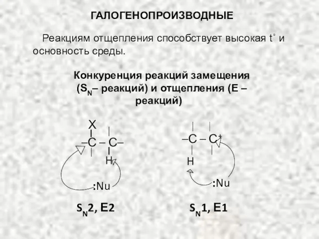 ГАЛОГЕНОПРОИЗВОДНЫЕ Реакциям отщепления способствует высокая t˚ и основность среды. Конкуренция реакций