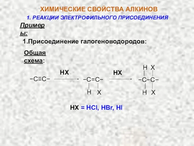 Примеры: 1.Присоединение галогеноводородов: Общая cхема: HX = HCl, HBr, HI HX