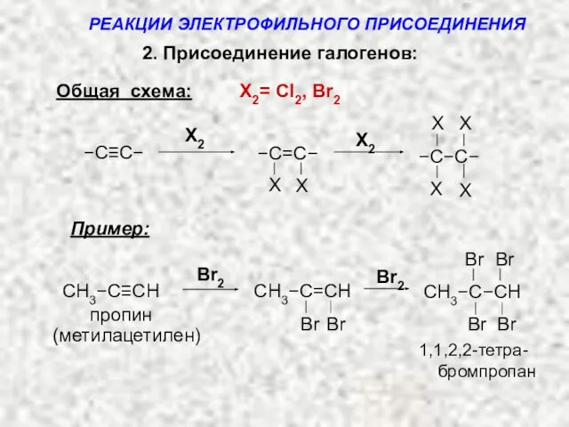 2. Присоединение галогенов: Общая схема: X2= Cl2, Br2 Пример: пропин 1,1,2,2-тетра-