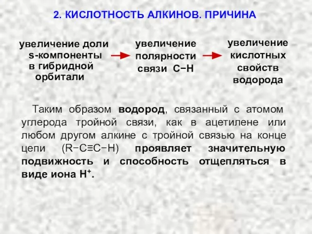 орбитали увеличение полярности связи C−H увеличение кислотных свойств водорода Таким образом