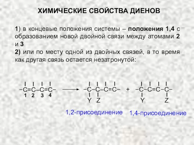 1,2-присоединение 1,4-присоединение Z Y + −C−C=C−C− Z Y −C−C–C=C− −C=C–C=C− ХИМИЧЕСКИЕ