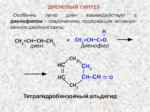 диенофил диен H + CH2=CH−C=O CH2=CH−CH=CH2 Тетрагидробензойный альдегид CH2 CH2 О