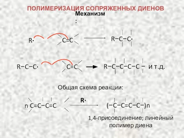 Механизм: R−C−C∙ R∙ R−C−C−C−C − и т.д. R−C−C∙ Общая схема реакции: