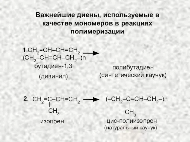 Важнейшие диены, используемые в качестве мономеров в реакциях полимеризации 1.СH2=CH–CH=CH2 (CH2–CH=CH–CH2–)n