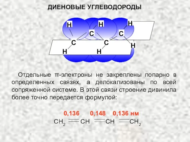 ДИЕНОВЫЕ УГЛЕВОДОРОДЫ Отдельные π-электроны не закреплены попарно в определенных связях, а