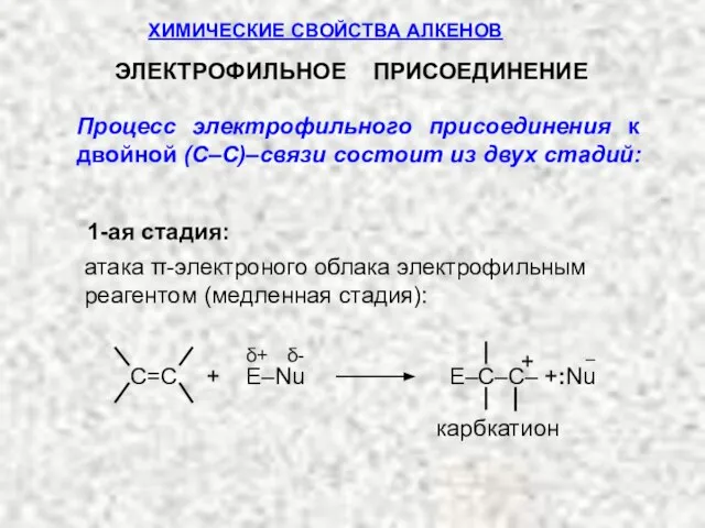 ЭЛЕКТРОФИЛЬНОЕ ПРИСОЕДИНЕНИЕ 1-ая стадия: атака π-электроного облака электрофильным реагентом (медленная стадия):