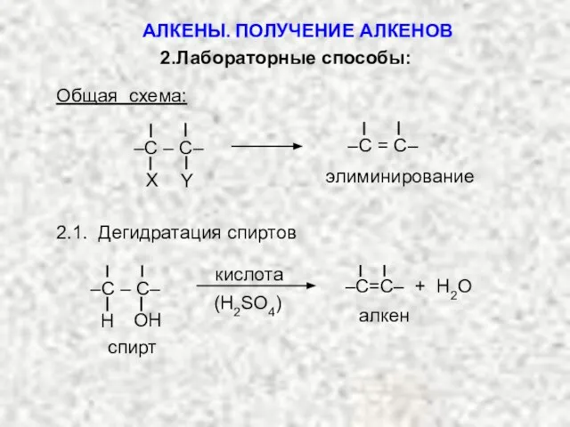 элиминирование –C = C– X Y –C – C– 2.Лабораторные способы: