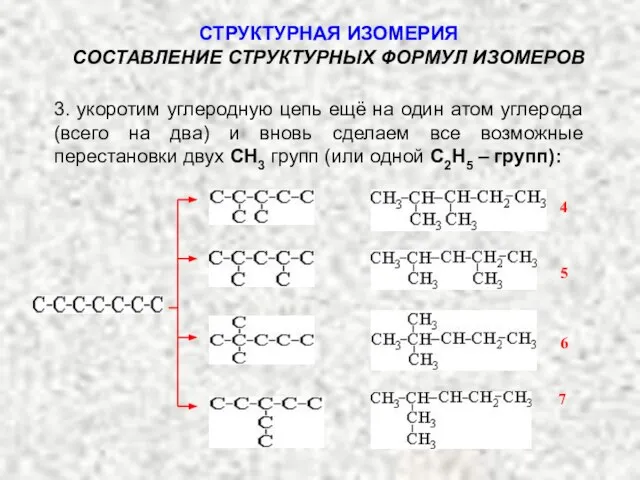 СТРУКТУРНАЯ ИЗОМЕРИЯ СОСТАВЛЕНИЕ СТРУКТУРНЫХ ФОРМУЛ ИЗОМЕРОВ 3. укоротим углеродную цепь ещё