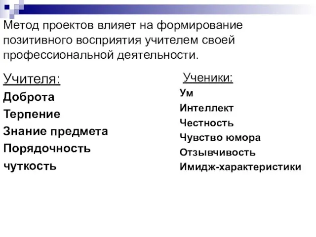 Метод проектов влияет на формирование позитивного восприятия учителем своей профессиональной деятельности.