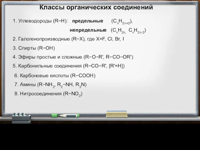 Классы органических соединений 1. Углеводороды (R−H): предельные (СnH2n+2), непредельные (CnH2n, CnH2n-2)