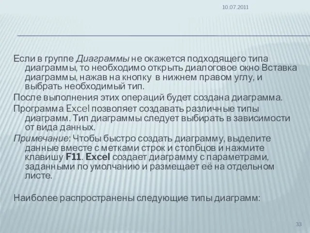 Если в группе Диаграммы не окажется подходящего типа диаграммы, то необходимо