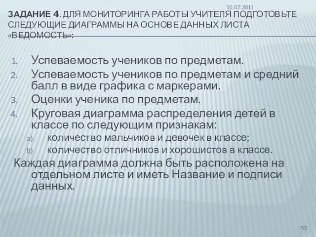 ЗАДАНИЕ 4. ДЛЯ МОНИТОРИНГА РАБОТЫ УЧИТЕЛЯ ПОДГОТОВЬТЕ СЛЕДУЮЩИЕ ДИАГРАММЫ НА ОСНОВЕ