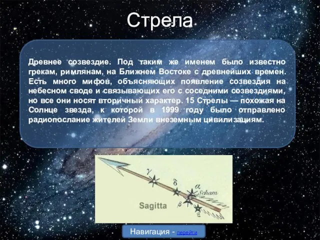 Стрела Древнее созвездие. Под таким же именем было известно грекам, римлянам,