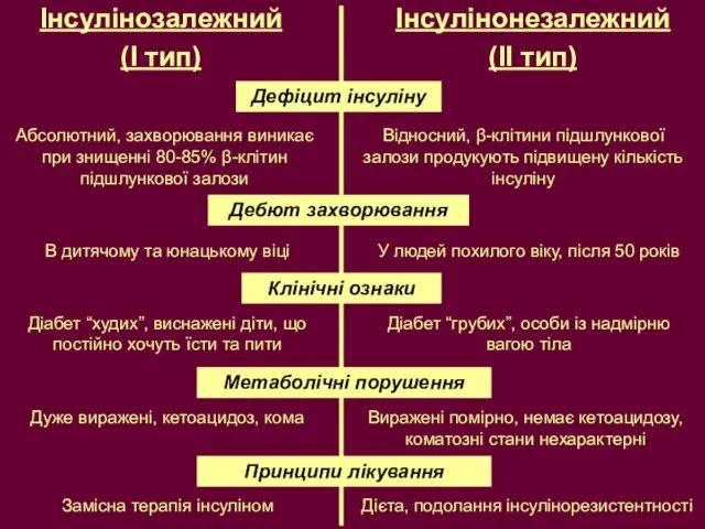 Інсулінозалежний (І тип) Інсулінонезалежний (ІІ тип) Дефіцит інсуліну Абсолютний, захворювання виникає