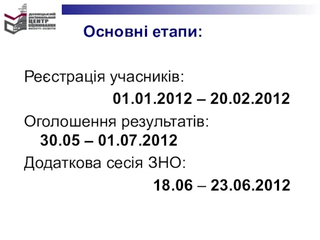 Основні етапи: Реєстрація учасників: 01.01.2012 – 20.02.2012 Оголошення результатів: 30.05 –