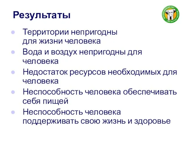 Результаты Территории непригодны для жизни человека Вода и воздух непригодны для