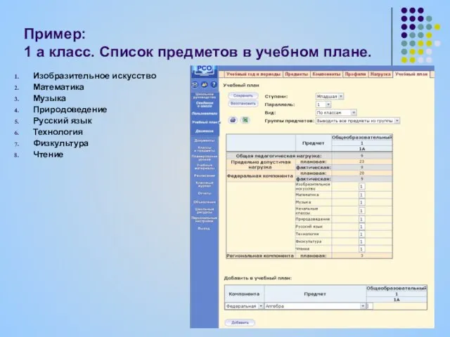 Пример: 1 а класс. Список предметов в учебном плане. Изобразительное искусство