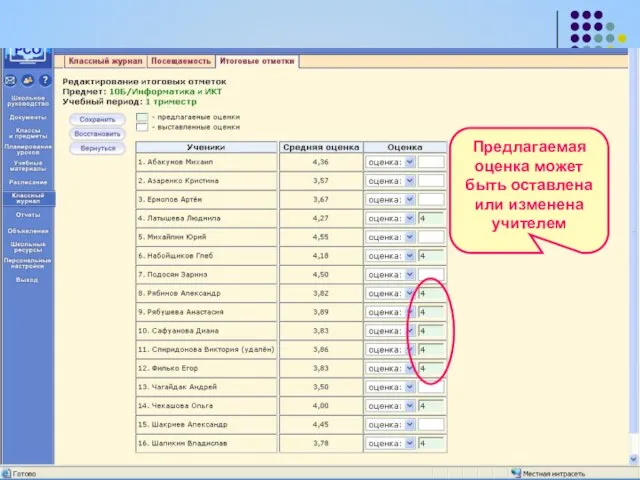 Предлагаемая оценка может быть оставлена или изменена учителем