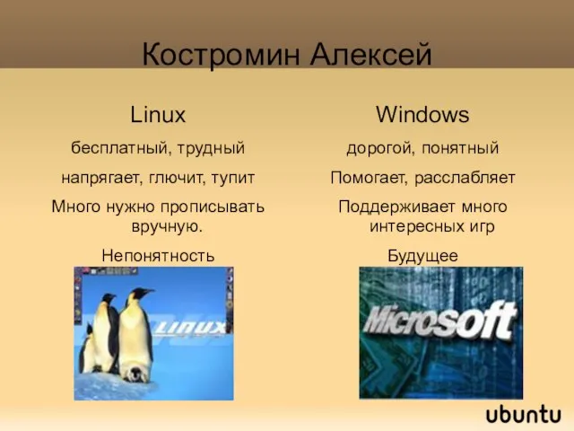 Костромин Алексей Linux бесплатный, трудный напрягает, глючит, тупит Много нужно прописывать