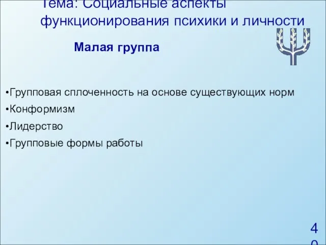 Тема: Социальные аспекты функционирования психики и личности Малая группа Групповая сплоченность