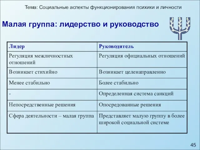 Тема: Социальные аспекты функционирования психики и личности Малая группа: лидерство и руководство