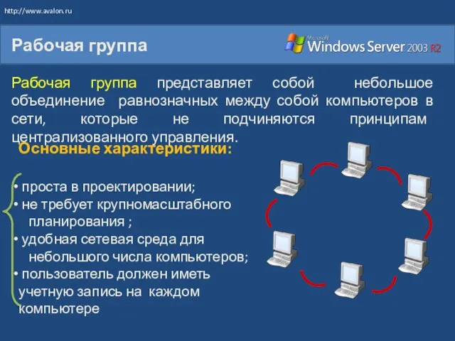 Рабочая группа Рабочая группа представляет собой небольшое объединение равнозначных между собой