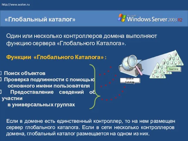 «Глобальный каталог» Global Catalog Read Only Один или несколько контроллеров домена