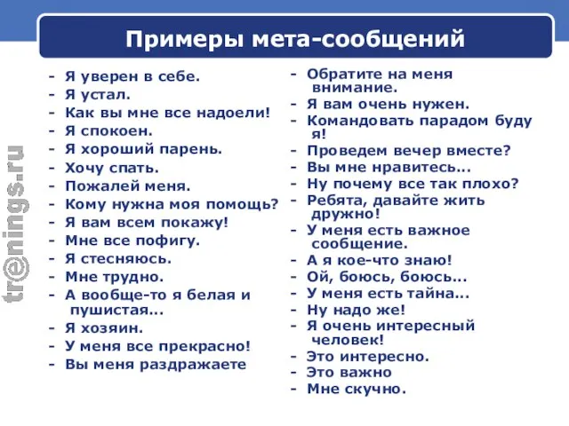 Примеры мета-сообщений - Я уверен в себе. - Я устал. -