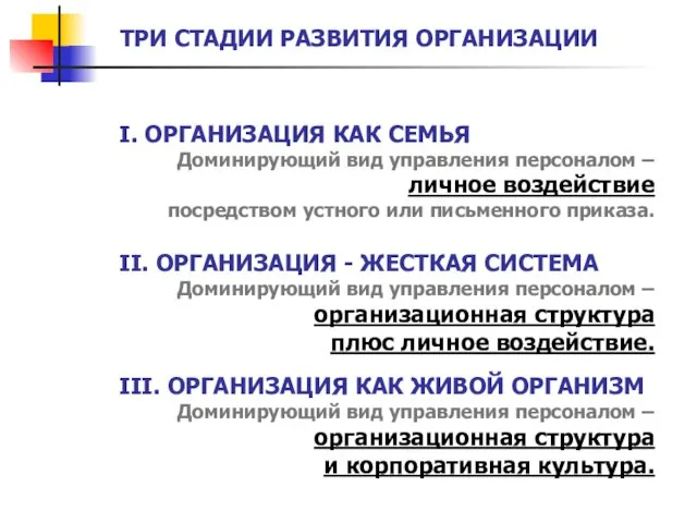 ТРИ СТАДИИ РАЗВИТИЯ ОРГАНИЗАЦИИ I. ОРГАНИЗАЦИЯ КАК СЕМЬЯ Доминирующий вид управления