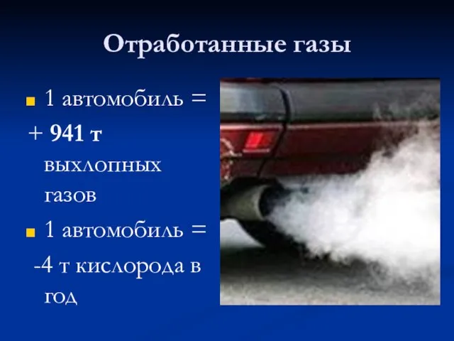 Отработанные газы 1 автомобиль = + 941 т выхлопных газов 1