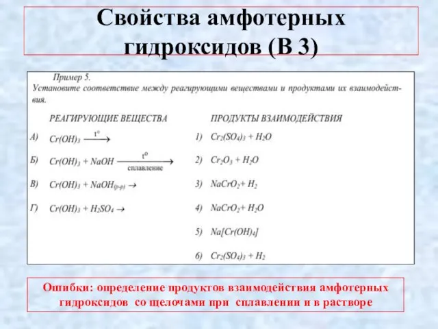 Свойства амфотерных гидроксидов (В 3) Ошибки: определение продуктов взаимодействия амфотерных гидроксидов