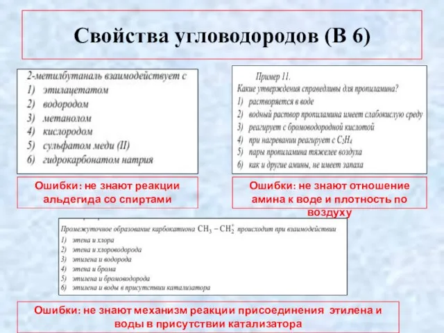 Свойства угловодородов (В 6) Ошибки: не знают реакции альдегида со спиртами