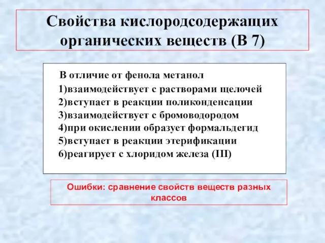 Свойства кислородсодержащих органических веществ (В 7) В отличие от фенола метанол