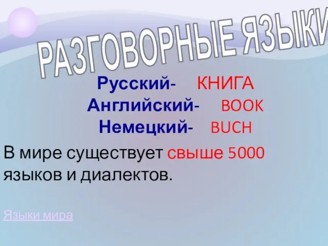 Русский- КНИГА Английский- BOOK Немецкий- BUCH В мире существует свыше 5000