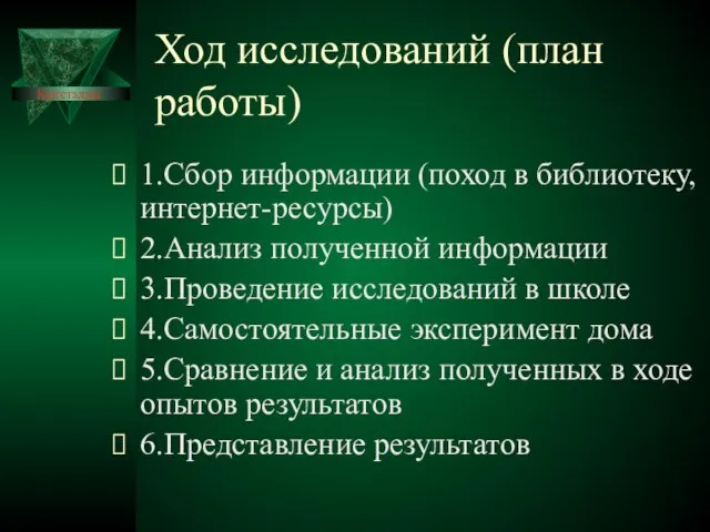 Ход исследований (план работы) 1.Сбор информации (поход в библиотеку, интернет-ресурсы) 2.Анализ