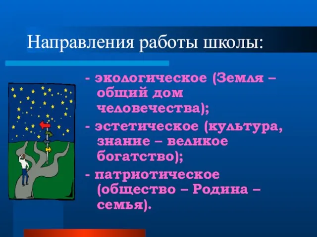 Направления работы школы: - экологическое (Земля – общий дом человечества); -