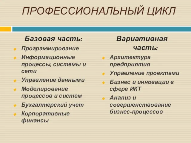 ПРОФЕССИОНАЛЬНЫЙ ЦИКЛ Базовая часть: Программирование Информационные процессы, системы и сети Управление