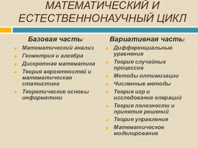 МАТЕМАТИЧЕСКИЙ И ЕСТЕСТВЕННОНАУЧНЫЙ ЦИКЛ Базовая часть: Математический анализ Геометрия и алгебра