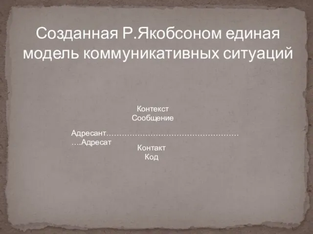 Созданная Р.Якобсоном единая модель коммуникативных ситуаций Адресант……………………………………………….Адресат Контекст Сообщение Контакт Код