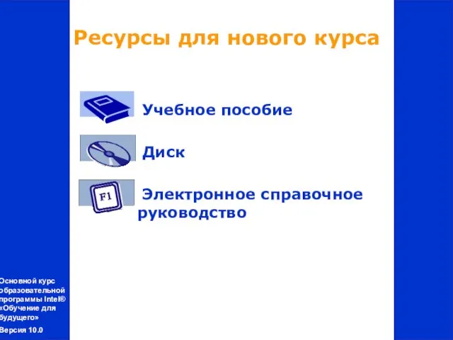 Учебное пособие Диск Электронное справочное руководство Ресурсы для нового курса Основной