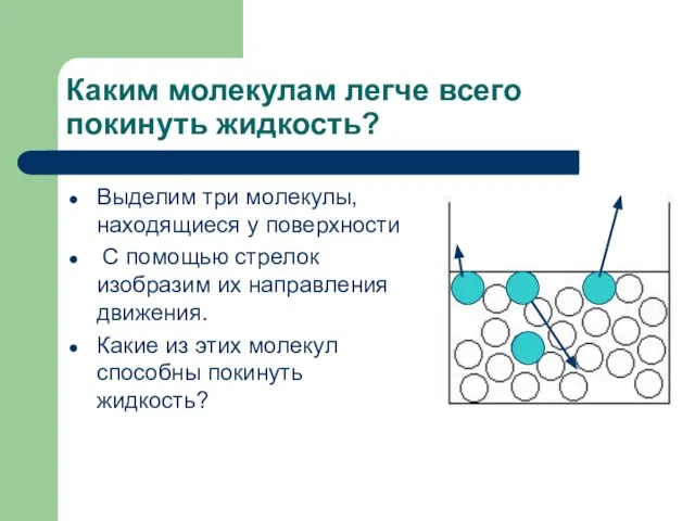 Каким молекулам легче всего покинуть жидкость? Выделим три молекулы, находящиеся у