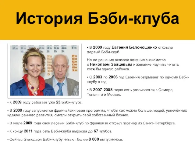 История Бэби-клуба • К 2009 году работает уже 23 Бэби-клуба. •